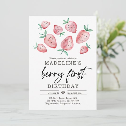 Aardbei 1e verjaardag Uitnodiging eerste Berry Swe (Staand voorkant)