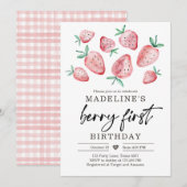 Aardbei 1e verjaardag Uitnodiging eerste Berry Swe (Voorkant / Achterkant)