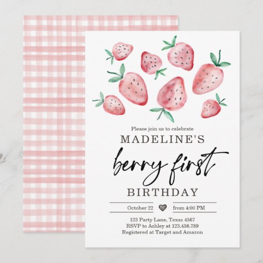 Aardbei 1e verjaardag Uitnodiging eerste Berry Swe (Voorkant / Achterkant)