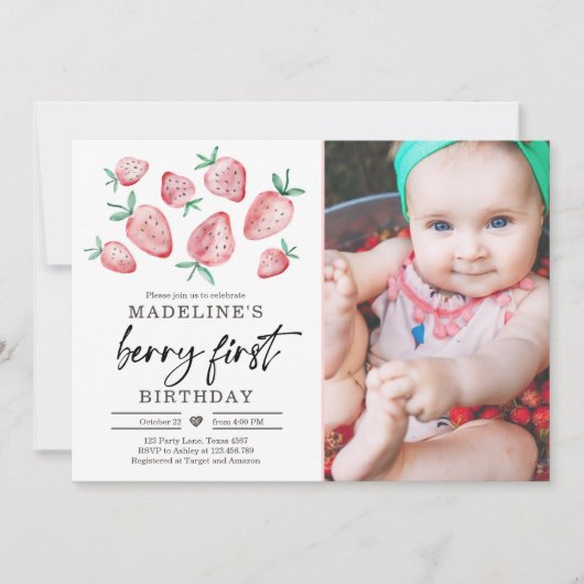 Aardbei 1e verjaardag Uitnodiging eerste Berry Swe (Voorkant)