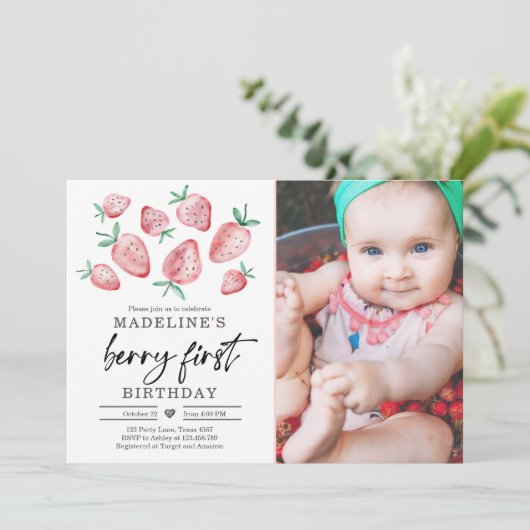 Aardbei 1e verjaardag Uitnodiging eerste Berry Swe (Staand voorkant)