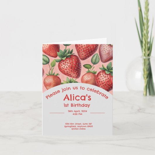 Aardbei 1e verjaardag uitnodiging in de zomer (Voorkant)