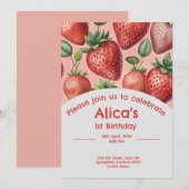 Aardbei 1e verjaardag uitnodiging in de zomer (Voorkant / Achterkant)