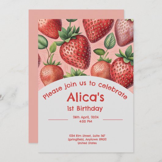 Aardbei 1e verjaardag uitnodiging in de zomer (Voorkant / Achterkant)