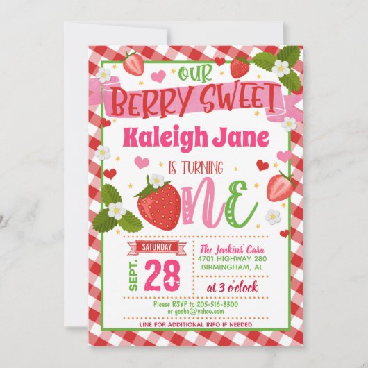 Aardbei 1e verjaardag uitnodiging - ONE Gingham (Voorkant)