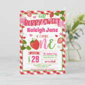Aardbei 1e verjaardag uitnodiging - ONE Gingham (Staand voorkant)