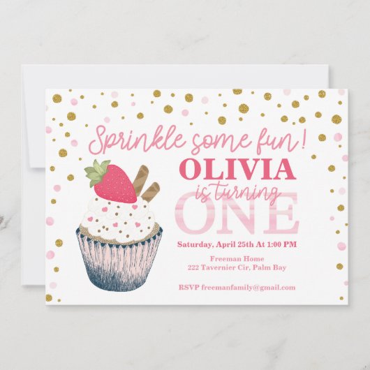 Aardbei 1e verjaardag uitnodiging – Sweet Pink "B (Voorkant)