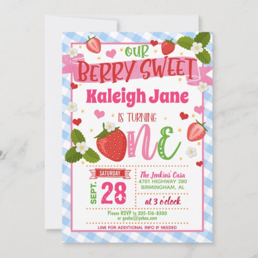 Aardbei 1e verjaardag uitnodiging tot het indienen (Voorkant)