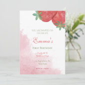 Aardbei 1e verjaardag uitnodigingen met foto. (Staand voorkant)