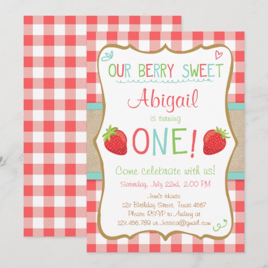Aardbei 1e verjaardag Uitnodigingszomer Kaart (Voorkant / Achterkant)