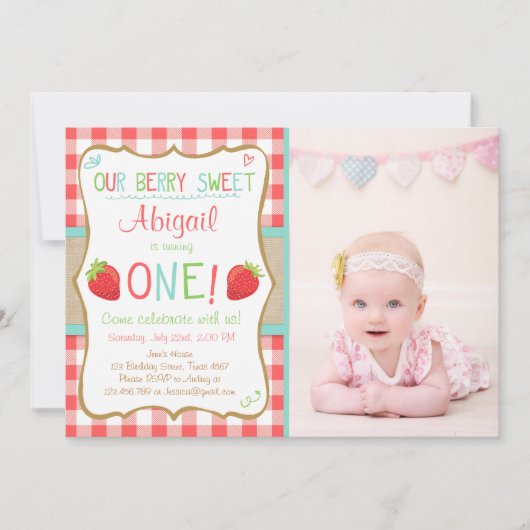 Aardbei 1e verjaardag Uitnodigingszomer Kaart (Voorkant)