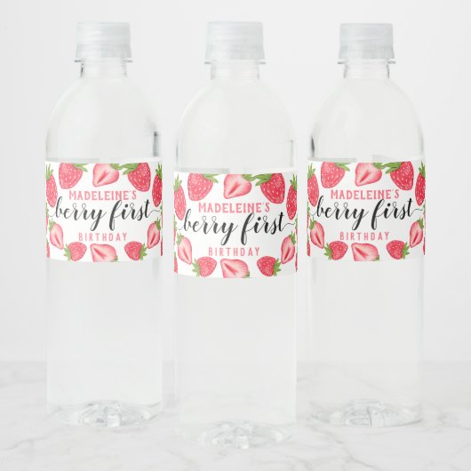Aardbei 1e verjaardag van Berry Eerste Aangepast Waterfles Etiket (Flessen)