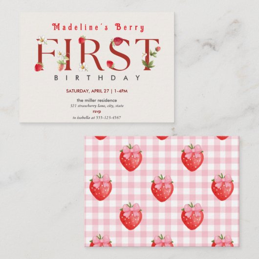 Aardbei 1e verjaardag van Berry First Notitiekaartje (Voorkant / Achterkant)