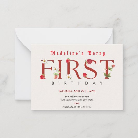 Aardbei 1e verjaardag van Berry First Notitiekaartje (Voorkant)