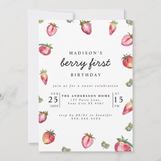 Aardbei 1e verjaardag van Berry First Sweet Kaart (Voorkant)