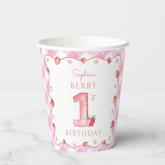 Aardbei 1e verjaardag van Berry First Sweet Papieren Bekers (Achterkant)