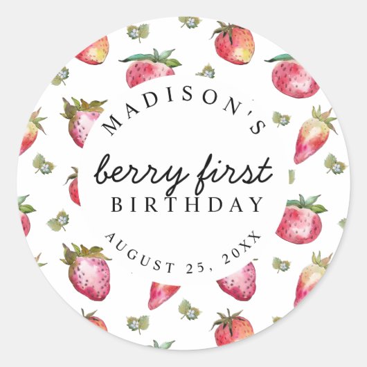 Aardbei 1e verjaardag van Berry First Sweet Ronde Sticker (Voorkant)