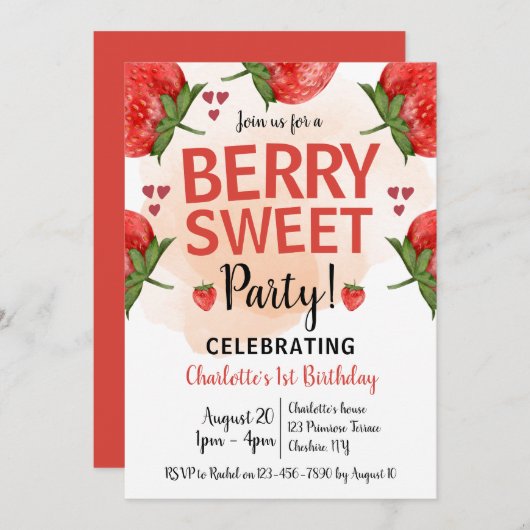 Aardbei 1e verjaardag van Berry Sweet Kaart (Voorkant / Achterkant)