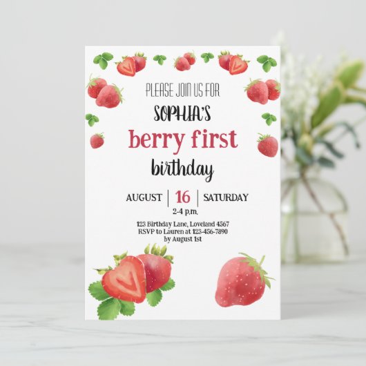 Aardbei 1e verjaardag van Berry Sweet Kaart (Staand voorkant)