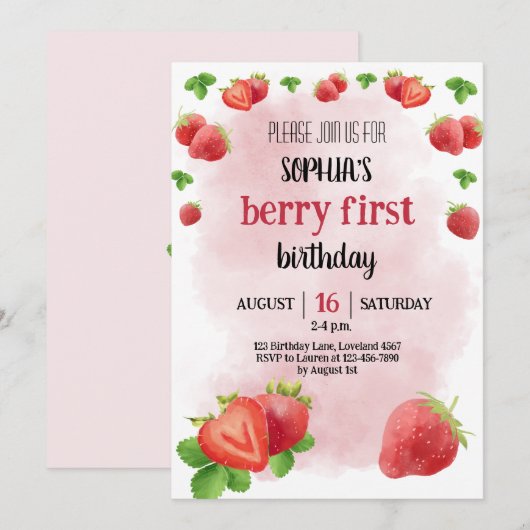 Aardbei 1e verjaardag van Berry Sweet Kaart (Voorkant / Achterkant)