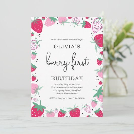 Aardbei 1e verjaardag van de eerste verjaardag van kaart (Staand voorkant)
