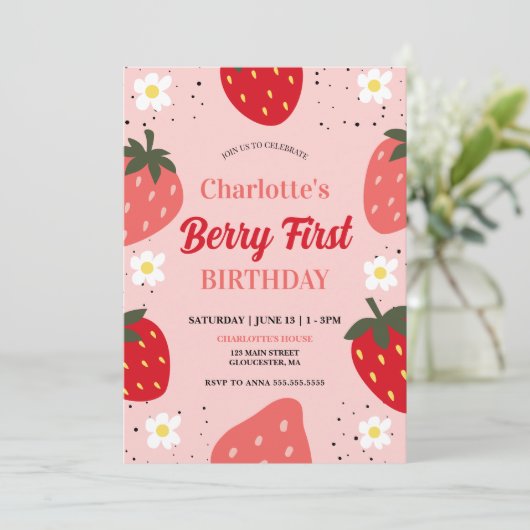 Aardbei 1e verjaardag van de eerste verjaardag van kaart (Staand voorkant)