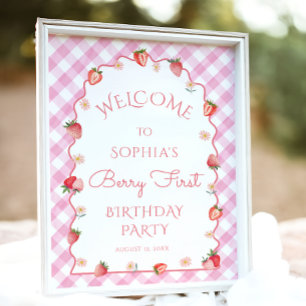 Aardbei 1e Verjaardag Wavy Berry Eerste Welkom Poster