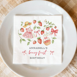 Aardbei 1e Verjaardags Uitnodiging Eerste Bes Zoet Servet