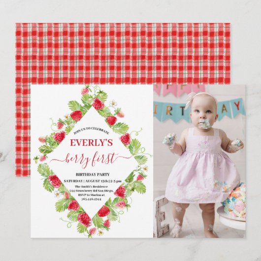 Aardbei 1e Verjaardagsfeestje Berry Eerste Foto Kaart (Voorkant / Achterkant)