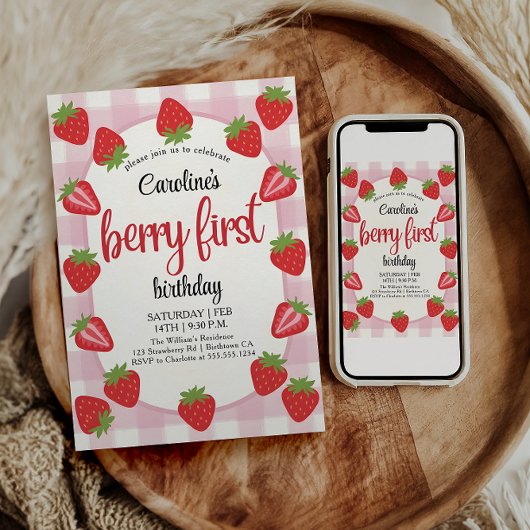 Aardbei 1e Verjaardagsfeestje Berry Eerste Foto Kaart