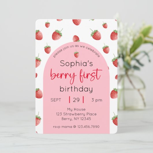 Aardbei 1e Verjaardagsfeestje Berry Eerste Foto Kaart (Staand voorkant)