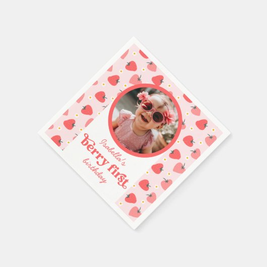 Aardbei 1e Verjaardagsfeestje Berry Eerste Foto Servet (Hoek)