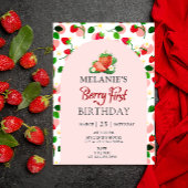 Aardbei 1e verjaardagsfeestje | Berry First Pink Kaart