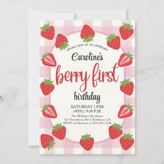 Aardbei 1e verjaardagsfeestje Berry Kaart (Voorkant)