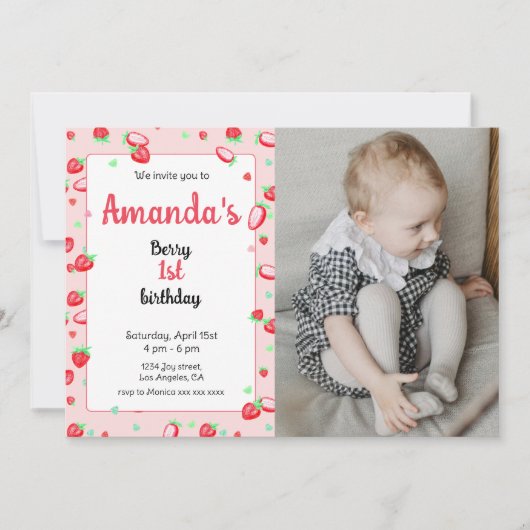 Aardbei 1e verjaardagsfeestje bes eerste kaart (Voorkant)