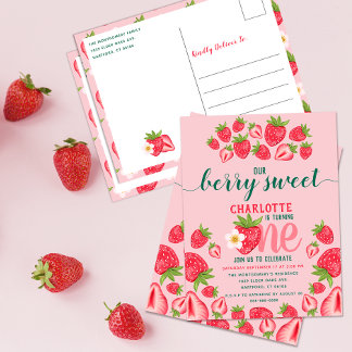 Aardbei 1e verjaardagsfeestje Bes zoet Roze Briefkaart