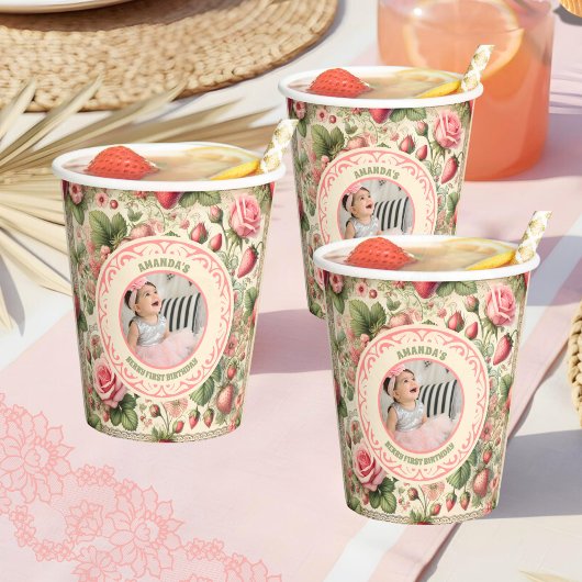 aardbei 1e verjaardagsfeestje foto papieren bekers