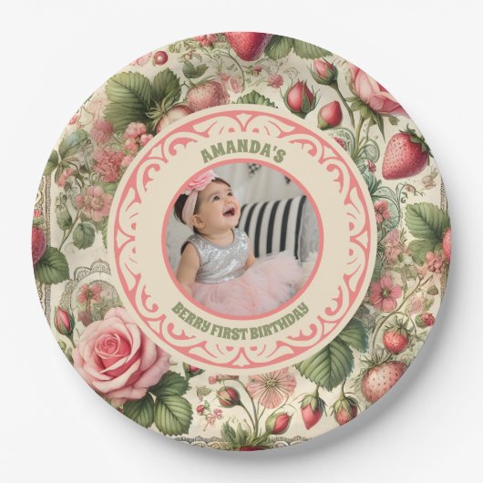  aardbei 1e verjaardagsfeestje foto papieren bordje (Voorkant)