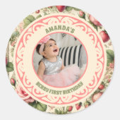  aardbei 1e verjaardagsfeestje foto ronde sticker (Voorkant)