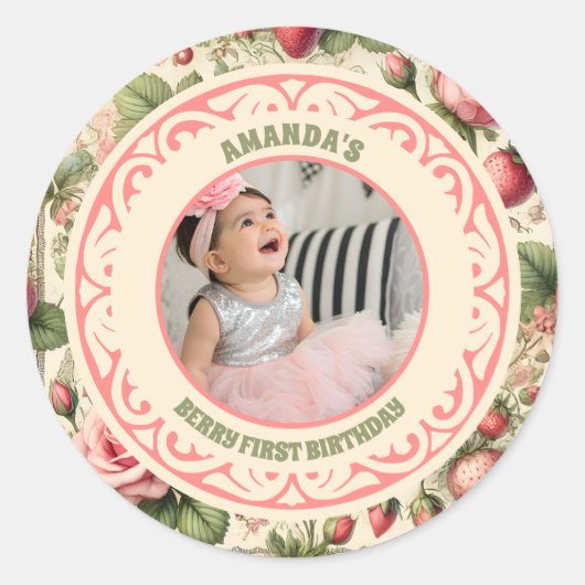  aardbei 1e verjaardagsfeestje foto ronde sticker (Voorkant)