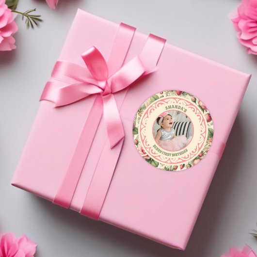  aardbei 1e verjaardagsfeestje foto ronde sticker