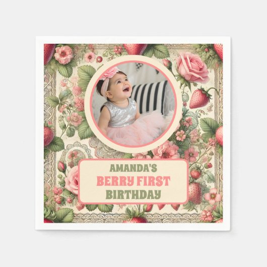  aardbei 1e verjaardagsfeestje foto servet (Voorkant)