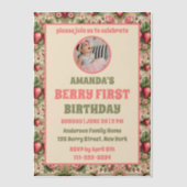  aardbei 1e verjaardagsfeestje foto vellum uitnodigingen (Voorkant)