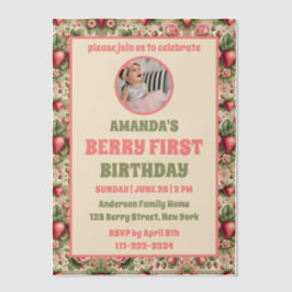  aardbei 1e verjaardagsfeestje foto vellum uitnodigingen