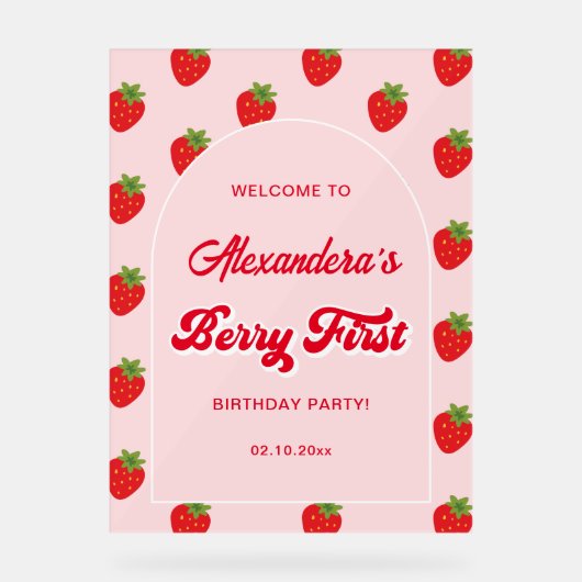Aardbei 1e verjaardagsfeestje Welkom Acryl Bord (Voorkant)