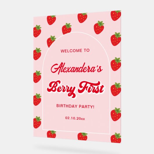 Aardbei 1e verjaardagsfeestje Welkom Acryl Bord (Hoek)