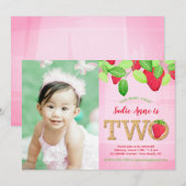 Aardbei 2e verjaardag Roze Waterverf Foto Kaart (Voorkant / Achterkant)