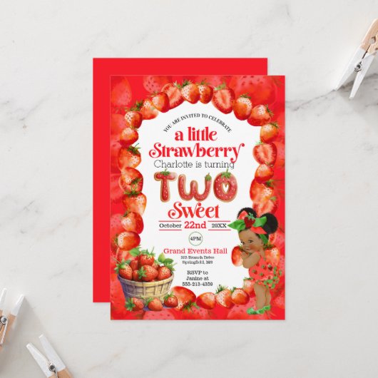 Aardbei 2e verjaardag uitnodiging (Voorkant / Achterkant in situ)