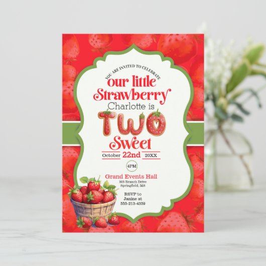 Aardbei 2e verjaardag uitnodiging (Staand voorkant)