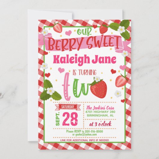 Aardbei 2e verjaardag uitnodiging - Gingham (Voorkant)